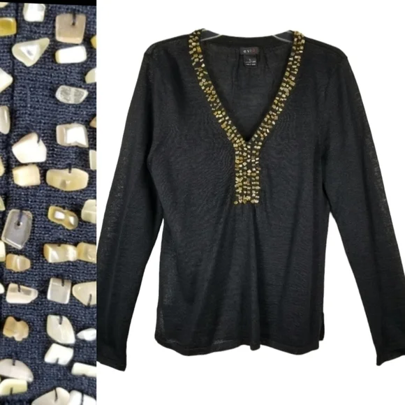 Evie Womens Soft Linen Long Sleeve V Neck Top Size L Black Embellished Neckline - Picture 1 of 11